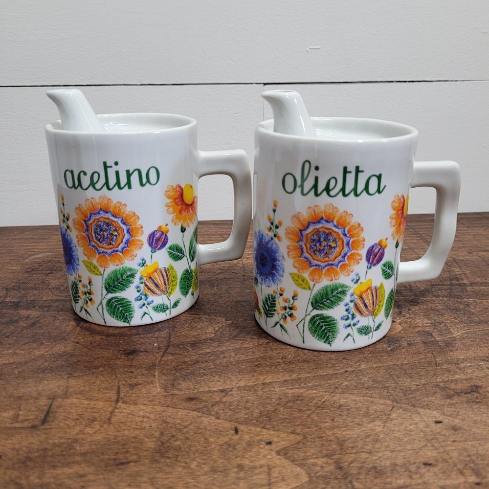 Vintage Ancienne Porcelain Floral Oil/Vinegar Containers with Spout